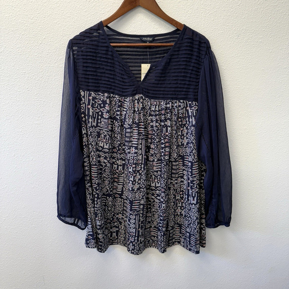 Lucky Brand Blouse Top Womens Plus Size 3X Blue Print Western Boho Peasant NWT - Picture 1 of 9